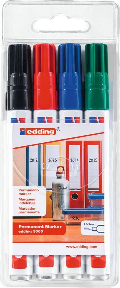 Permanentmarker Edding 3000-4, ca. 1,5-3mm, Rundspitze, Etui mit 4 Farben, Schaft 100% recyceltes Aluminium