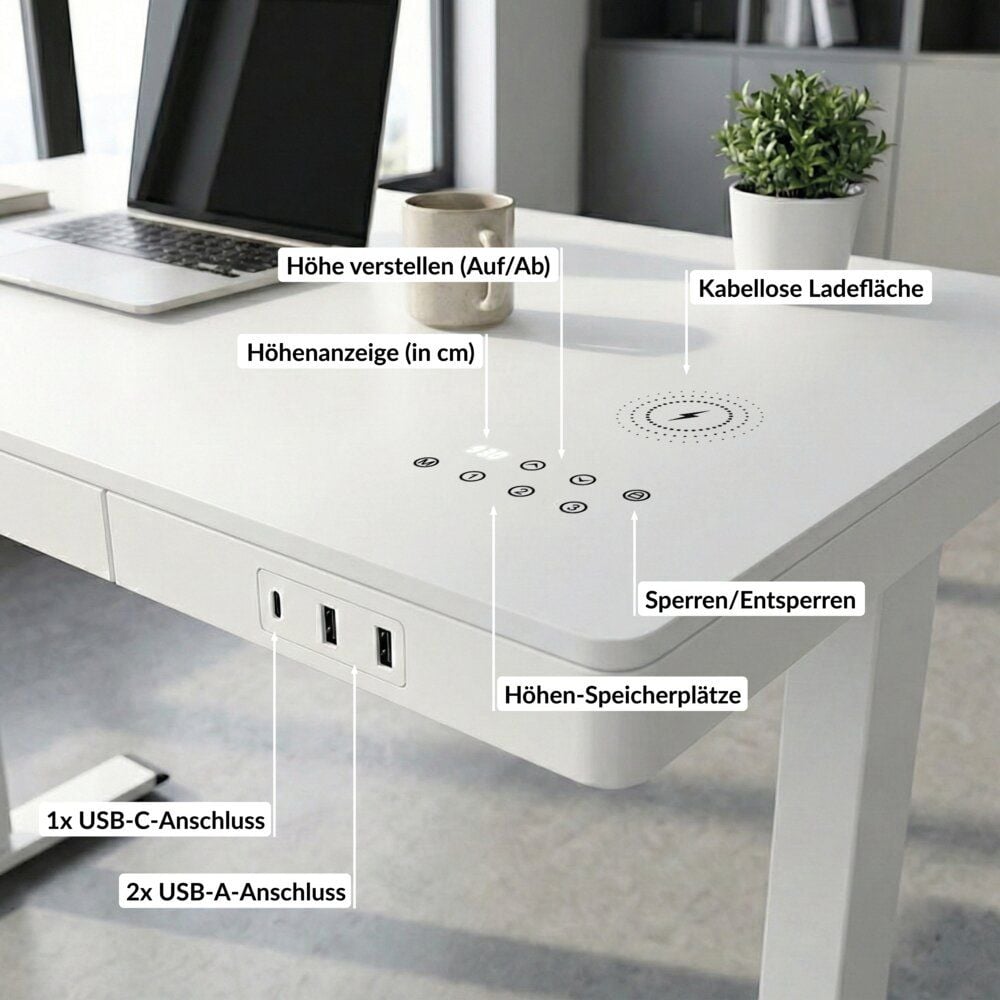 Schreibtisch a-series AS1739 120 x 60 cm elektrisch, 120x60cm (BxT), elektrisch höhenverstellbar, 70-120 cm Höhe, rechteckig, T-Fuß, weiß/silber, weiß