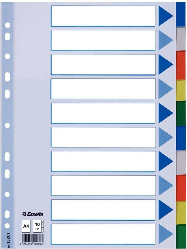 Kunststoffregister Esselte A4 blanko 15261, A4 volle Höhe, blanko, 10tlg., PP, mehrfarbig