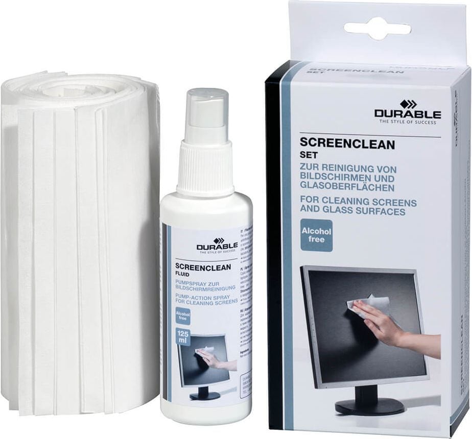 EDV-Reinigungsset Durable Screenclean Set 570700, für Bildschirme, fusselfreie Vliestücher, Reinigungsspray