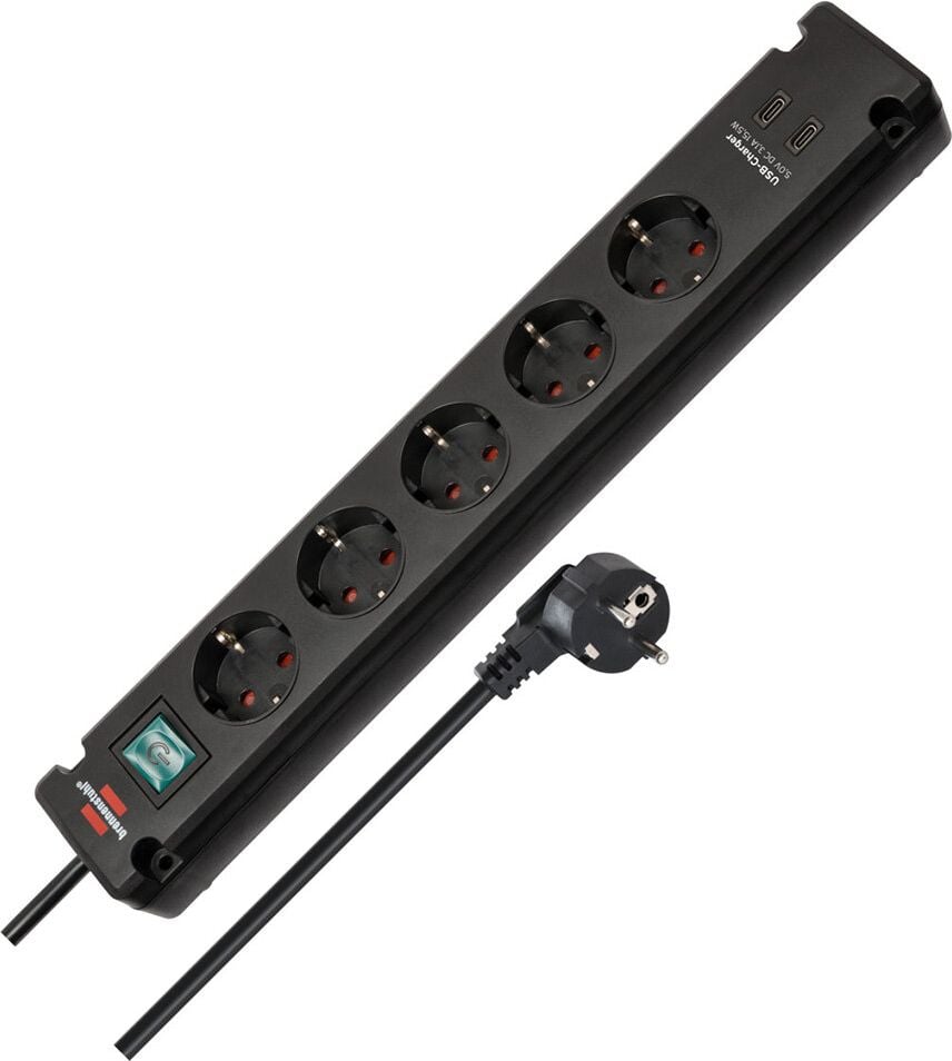 Steckdosenleiste Brennenstuhl Bremounta 5-fach 1150660415, 90 Grad-Anordnung, 1 Schalter, Kabellänge 3m,
2 USB-Charger, Winkelstecker, weiß