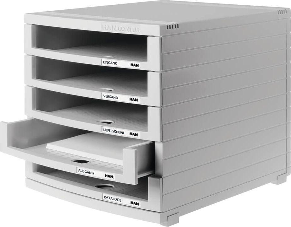 Schubladenbox HAN CONTUR 1505-0-11, für A4, 5 offene Schubladen, Polystyrol,
Gehäuse und Schubladen lichtgrau, hellgrau