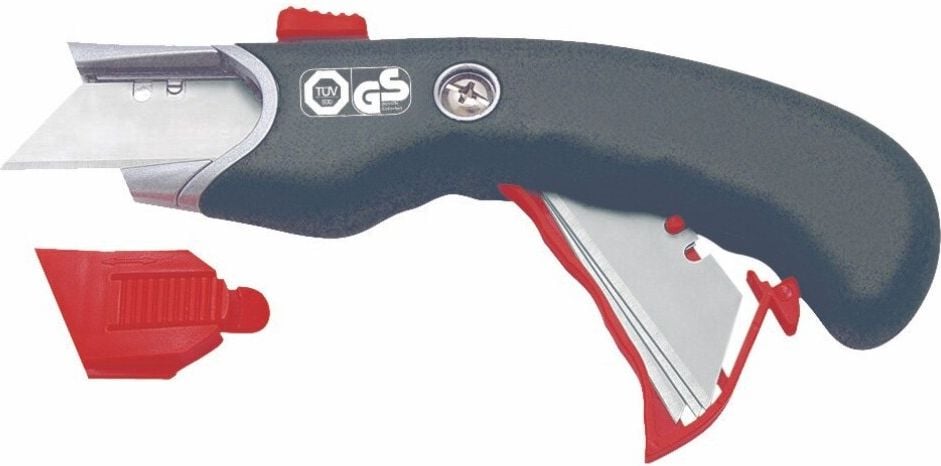 Cutter Wedo Safety-Cutter Premium 78815 19mm, 19mm Trapezklingen, Metallgehäuse mit gummierter Griffzone, automatischer Klingenrückzug, inkl. 5 Ersatzklingen, schwarz/rot