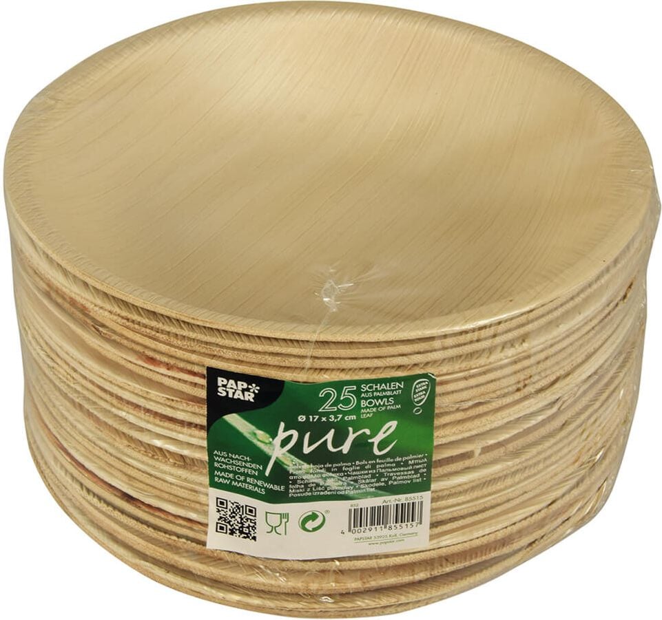 Einwegschalen Papstar pure 85515, 300ml, 17,5cm Durchmesser, rund, Palmblatt,
natur, Pack 25 Stück