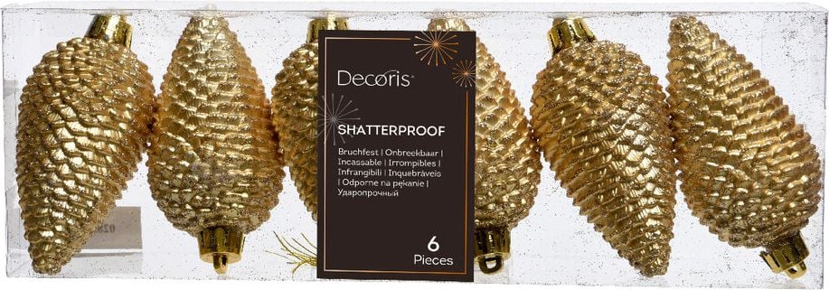 Weihnachtskugeln DECORIS Zapfen, 4,5x8cm (DxH) Polystyrol, Pack 6 Stück, gold