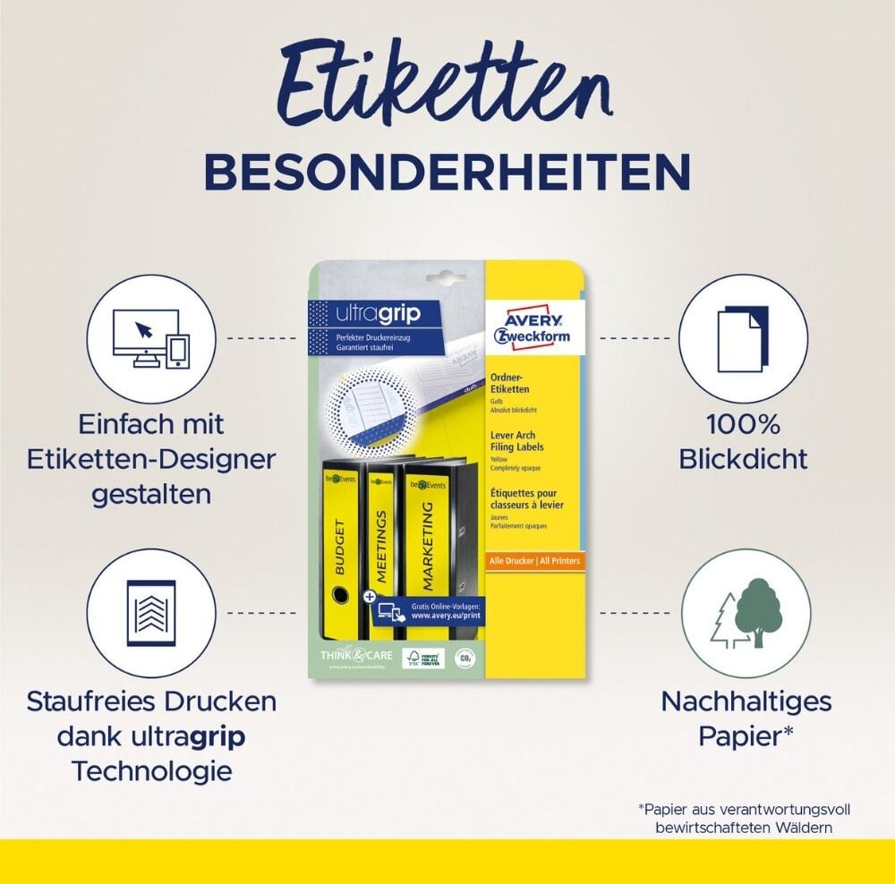 Rückenschilder Zweckform L4751-20 ultragrip, schmal/lang, 297x38mm, auf A4, gelb, Pack 20
Blatt/100 Stück