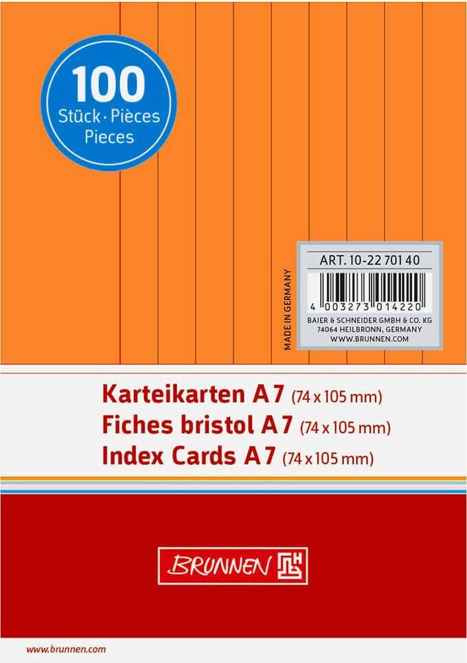 Karteikarten Brunnen A7, liniert, Pack 100 Stück, orange