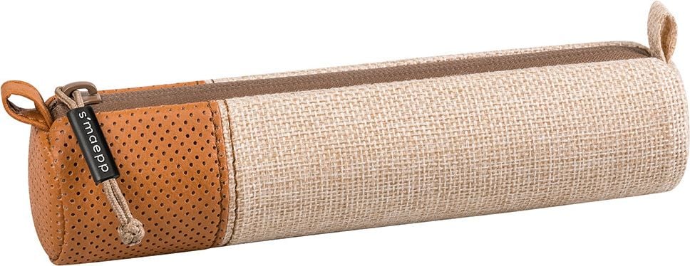 Federmappen Brunnen Schlampermäppchen S smaepp Perforated, rund, 20x4,5cm, Leinen/Lochleder, Reißverschluss, gummierter Zipper, beige/braun, braun