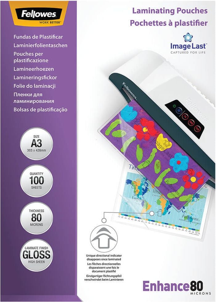 Laminierfolien Fellowes A3 5306207, 303x426mm, 80mic, glänzend, Pack 100 Stück