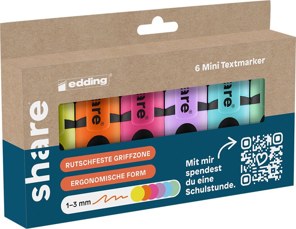 Textmarker share mini made by Edding, ca. 1-3 mm, Keilspitze, Etui mit 6 Farben, Jeder Kauf enthält eine Spende!