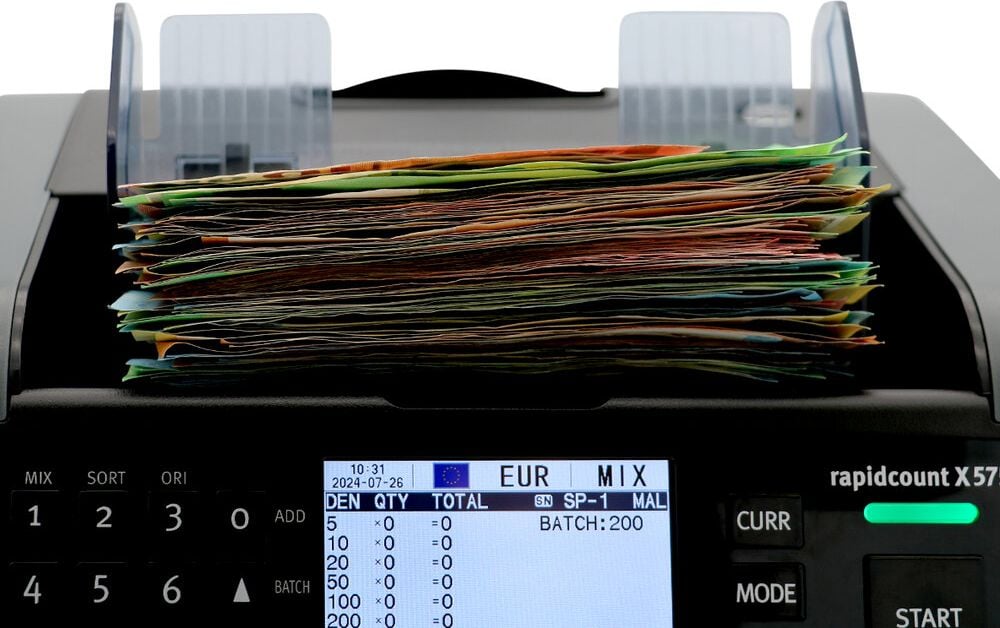 Geldscheinzähler Ratiotec rapidcount X 575, 6-fache Falschgelderkennung, zählt 1.000 Scheine/Minute, grau