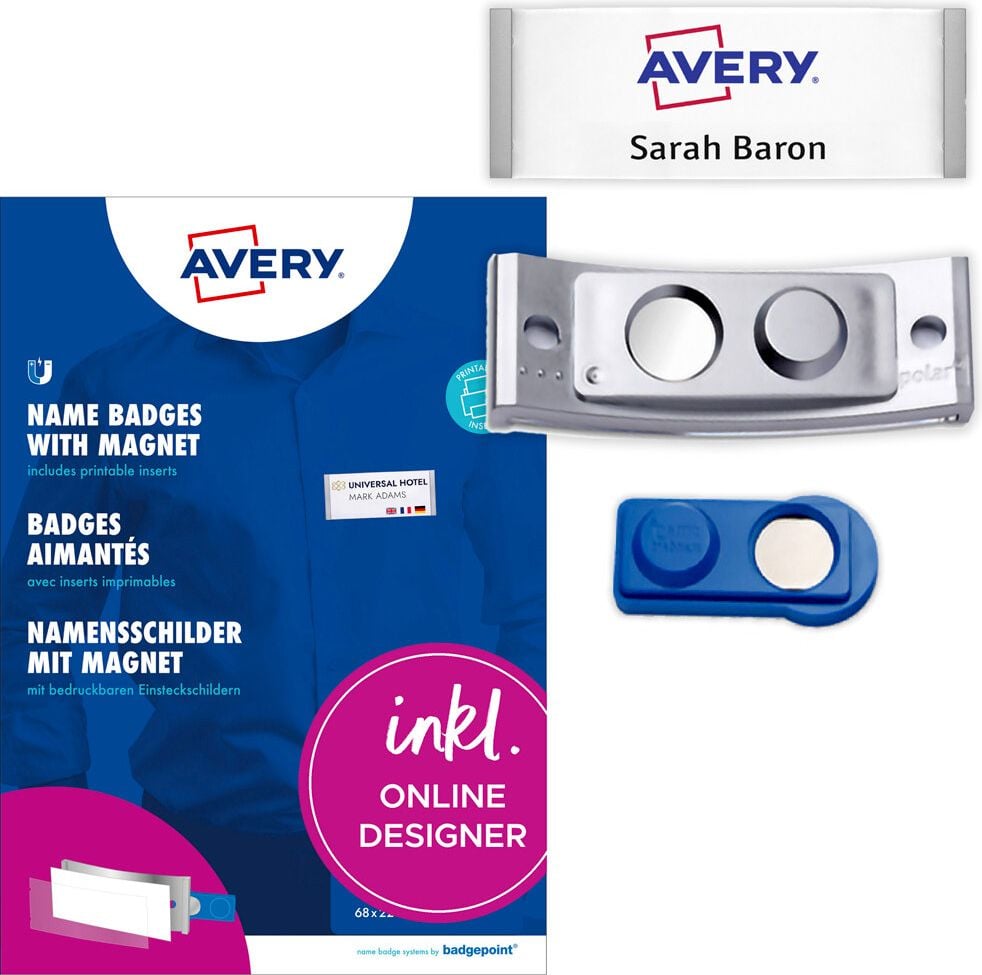 Namensschilder Avery Zweckform POL20MA66-10DR, 68x22mm, verdrehsicher, Doppelmagnet, Edelstahl-Optik, Pack 10 Stück