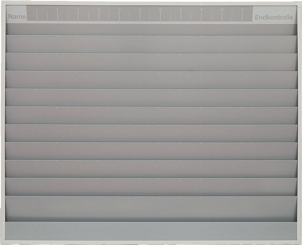 Werkstattplaner Eichner 9019-00589, für 50 x A4, 1580x1282x78mm (BxHxT), fünfreihig,
zusätzliches Ablagefach und Kopfleiste
(Zeitstrahl-Beschriftung), grau