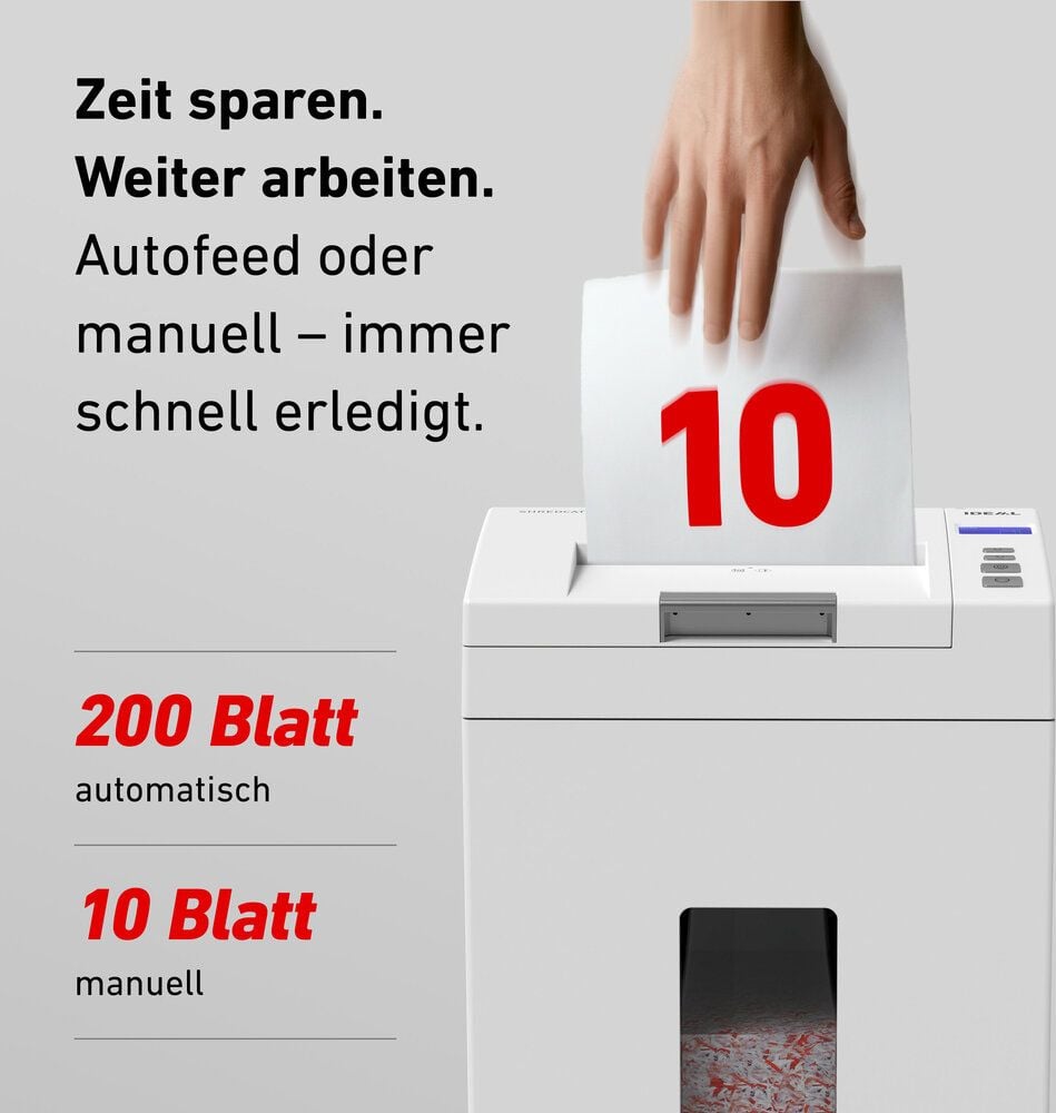 Aktenvernichter Ideal Shredcat 8292 CC P-4 82929111, 4x10mm Partikelschnitt, ca. 200 Blatt bzw. 10 Blatt, 26 Liter Behälter, weiß