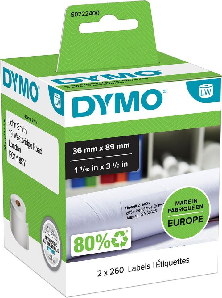 Rollen-Adressetiketten Dymo 99012/S0722400, 36x89mm, Papier, weiß, permanent haftend,
Pack 2 Rollen à 260 Etiketten