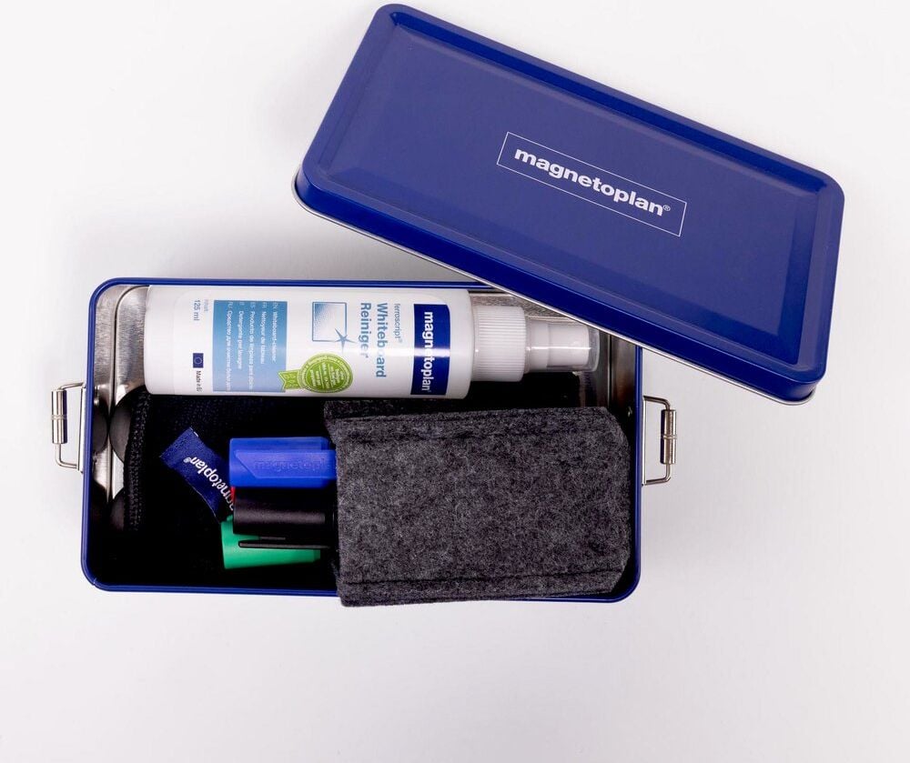 Whiteboard Starter-Set Magnetoplan Premium Kit, Metallbox, 4 Board- und Flipchartmarker, 4
Magnete, Reinigungstuch, Reinigungsspray,
Stifteköcher