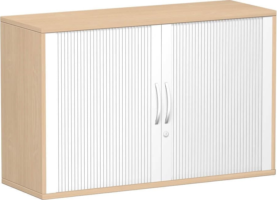 Aktenschrank Geramöbel Flex S-312210, 120x79,8x42,5cm (BxHxT), 2 Querrollläden, 1
Fachboden, 2 Ordnerhöhen, Bogengriff,
abschließbar, buche