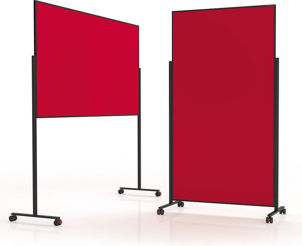 Moderationstafeln Magnetoplan Design VarioPin 11812, Tafel: 180x100cm, einteilig, pinnbarer
Filz farbig, Aluminiumrahmen (schwarz),
Standfuß mit Rollen, rot