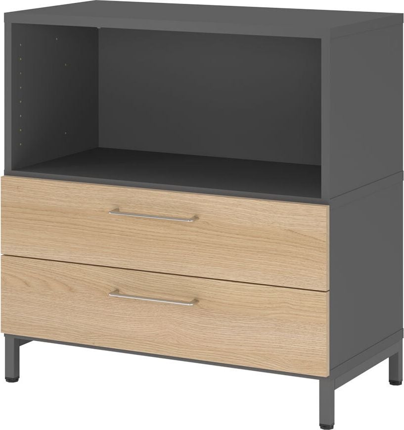 Regal Hammerbacher VFW28S2KU/G mit Schubladen, Threespine-Klicksystem, 80 x 41,7 x 82,8 cm
(B x T x H), mit Stahlsockel, 2 Ordnerhöhen,
Korpus: graphit, eiche