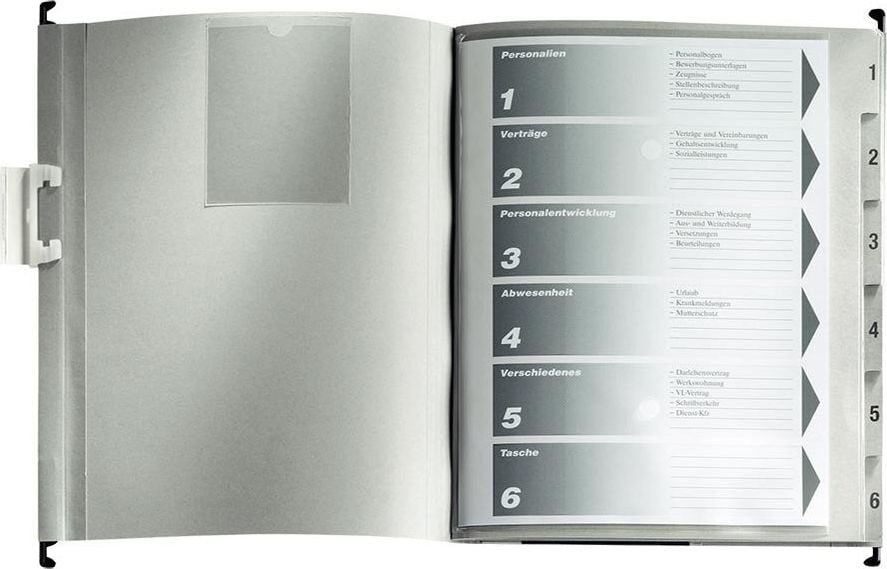 Hängehefter Leitz Personalakte 30041, 5 kaufm. Heftungen, mit Tasche,
Colorspankarton (RC) 250 g/m², grau