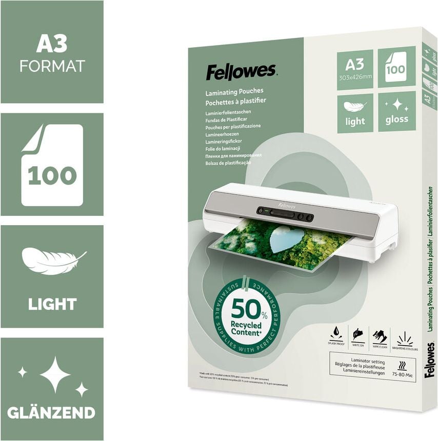 Laminierfolien Fellowes A3 POUCH 100142988, 303x426mm, 80mic, glänzend, 50% Recyclinganteil, Pack 100 Stück