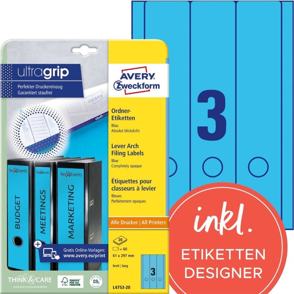 Rückenschilder Zweckform L4753-20 ultragrip, breit/lang, 297x61mm, auf A4, blau, Pack 20
Blatt/60 Stück