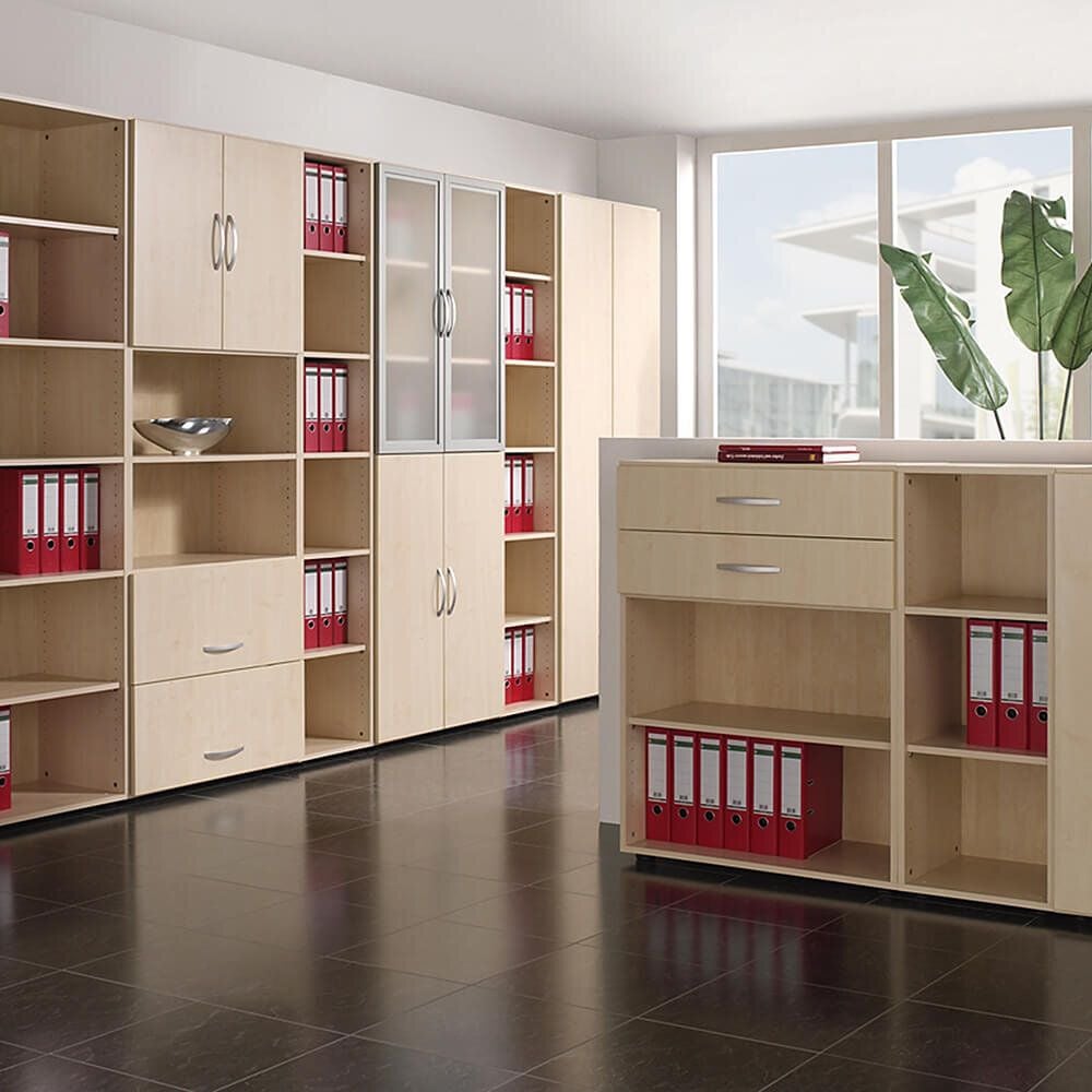 Aktenschrank Geramöbel Flex S-385100, 80x180,8x42cm (BxHxT), 2 Flügeltüren, 4
Fachböden, 5 Ordnerhöhen, Bogengriff,
abschließbar, ahorn