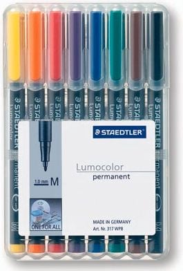 Folienschreiber Staedtler Lumocolor permanent pen 317WP8, ca. 1mm, wasserfest, Etui mit 8 Farben