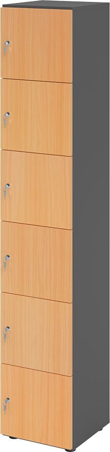 Schließfachschrank Hammerbacher V264L6/G DS, 40 x 42 x 215,6 cm (BxTxH), 6 Ordnerhöhen, mit Druckzylinderschloss, 6 Fächer, Kropus: Graphit, buche