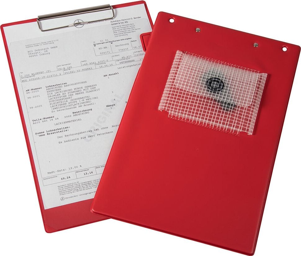 Auftragstasche Eichner Klemmfix, DIN A4, Dokumentenfach, Schlüsselfach mit
Klettverschluss, Blockklemme, Stiftlasche,
farbig, rot