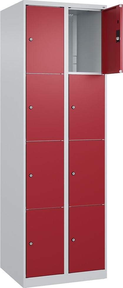 Schließfachschrank CP Classic PLUS Fächerschrank 080000-204, 60x185x50cm (BxHxT), mit Sockel, 4-stöckig, 8
Fächer je 30cm breit, Zylinderschloss, 2
Schlüssel pro Fach, rot