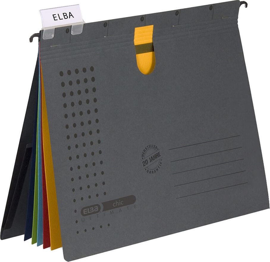 Hängehefter Elba chic ULTIMATE 100333017, 5 kaufm. Heftungen, 5 Trennblätter, Tasche,
Kraftkarton (RC), anthrazit, Pack 3 Stück