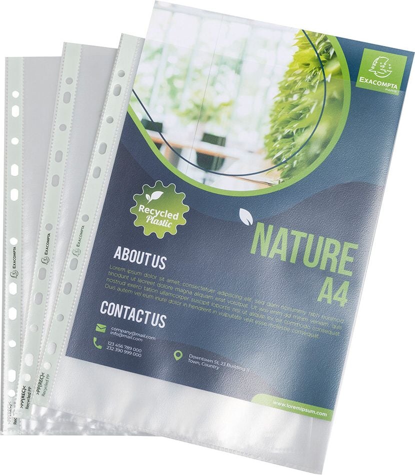 Prospekthüllen Exacompta Forever DIN A4 5330E, oben offen, genarbt, recycelte PP-Folie 90my,
Pack 50 Stück