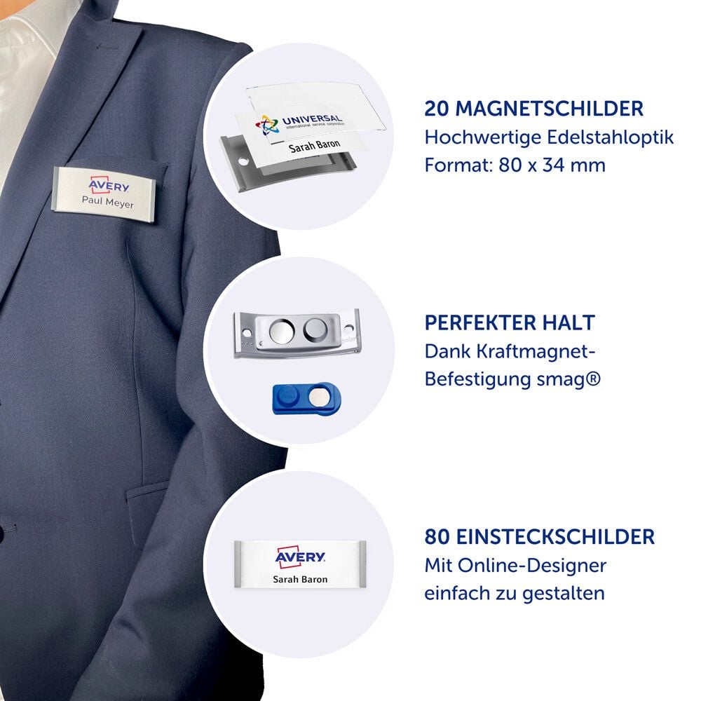 Namensschilder Avery Zweckform POL35MA66-20DR, 80x34mm, verdrehsicher, Doppelmagnet, Edelstahl-Optik, Pack 20 Stück