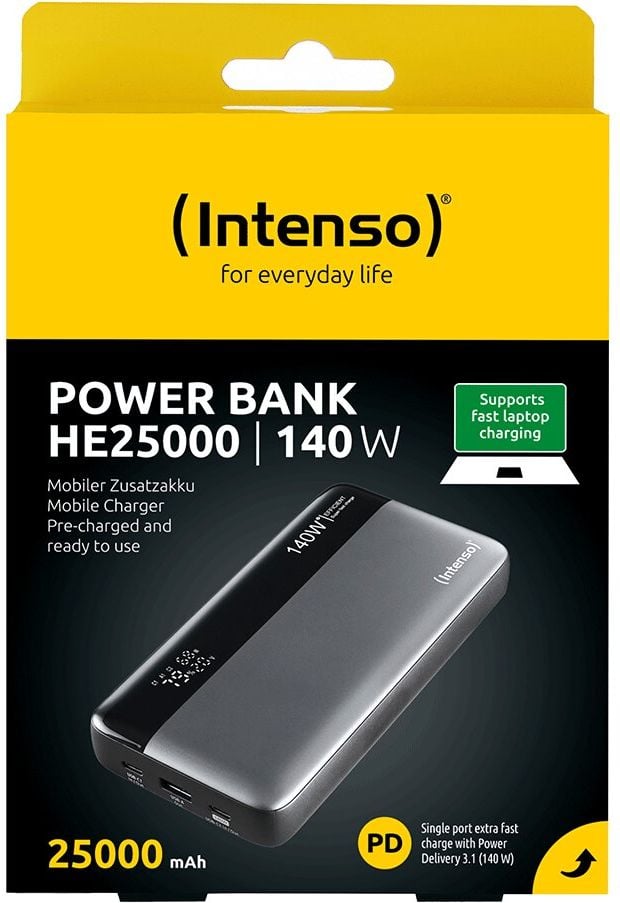 Powerbank Intenso HE25000 7350060, 25000 mAh, USB-C Ladekabel, 140 Watt,
grau/schwarz