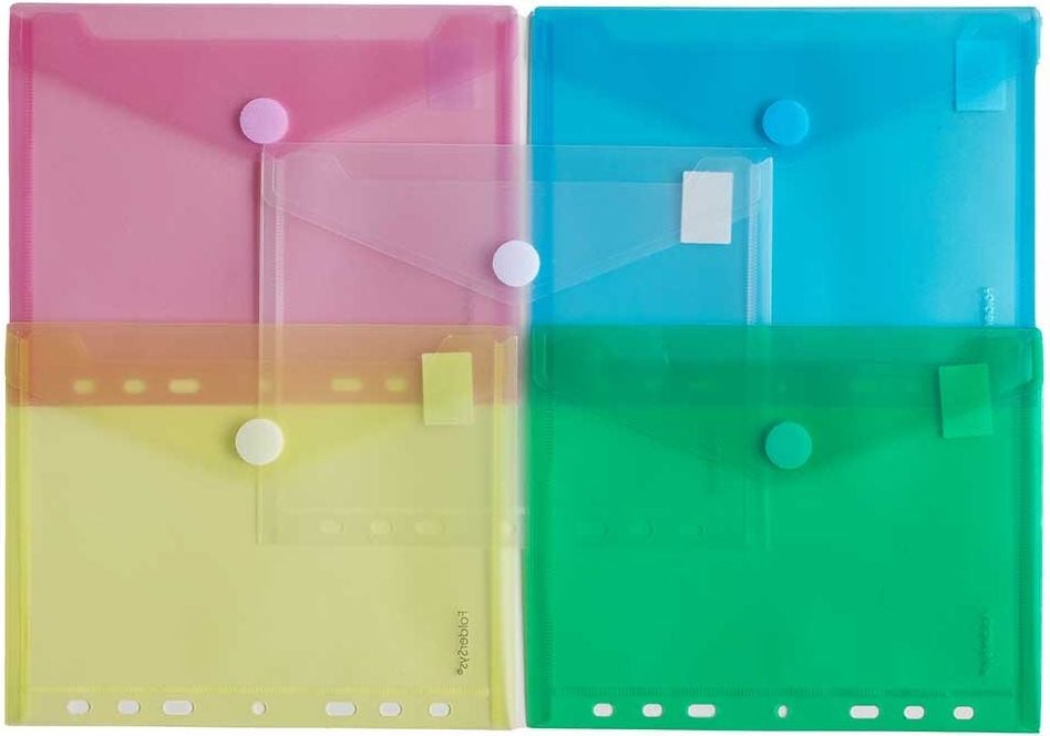 Dokumententaschen Foldersys A5 40156-94, Abheftrand, Klettverschluss, farbig sortiert, transluzent, Pack 10 Stück, sortiert