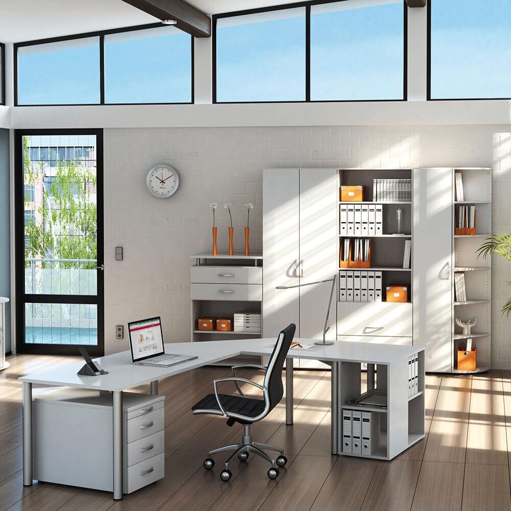 Schreibtisch Geramöbel 4 Fuß Flex S-555101, 80x80cm (BxT), 68-80cm Höhe, quadratisch,
4-Fuß silber, buche