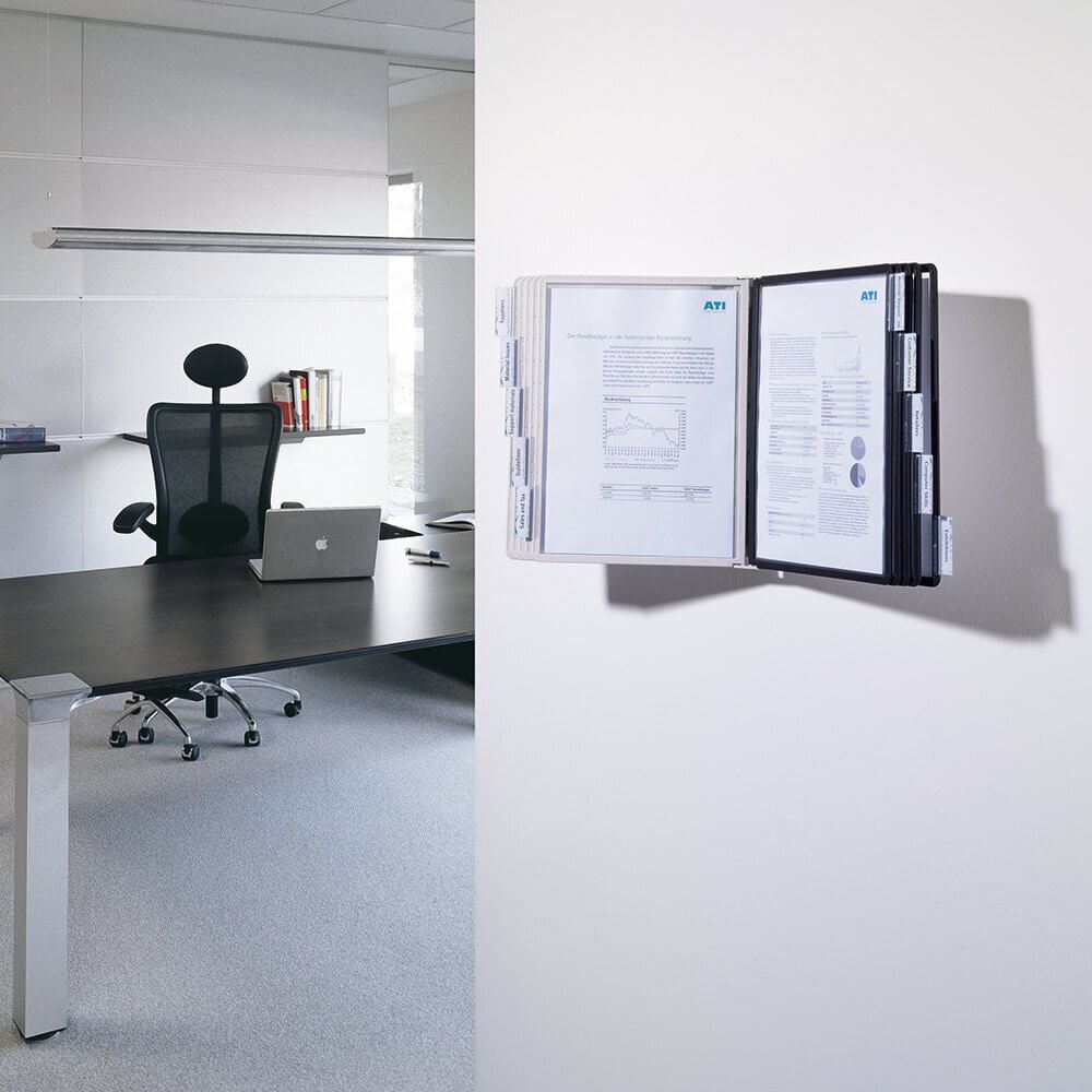 Sichttafel-Wandhalter Durable SHERPA WALL 10 5631-22, Tafelträger, 10 Tafeln (5x grau/5x schwarz),
10 Reiter mit blanko Einsteckschildern