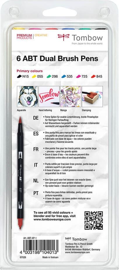 Fasermaler Tombow Abt Dual Brush Pen ABT-6P-1, 2 Spitzen (ca. 0,8 + ca. 0,8-3,3mm), Etui mit
6 Primärfarben