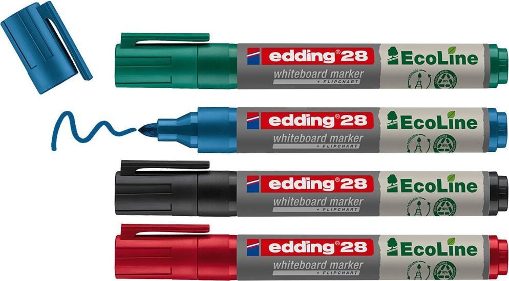Boardmarker Edding 28/4S EcoLine Whiteboardmarker, ca. 1,5-3mm, Rundspitze, Etui mit 4 Farben, Gehäuse 90% recycelter Kunststoff