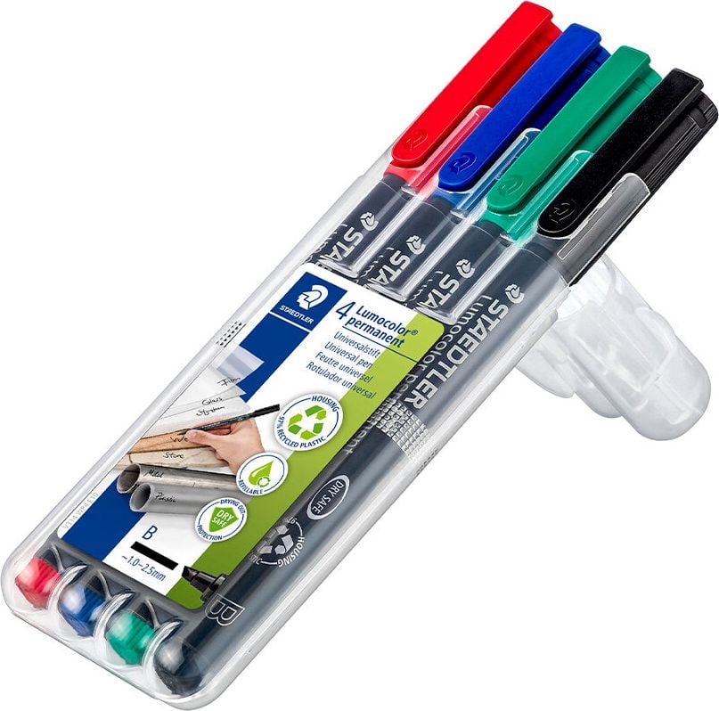 Folienschreiber Staedtler Lumocolor permanent pen 314WP4, ca. 1-2,5mm, wasserfest, Etui mit 4 Farben