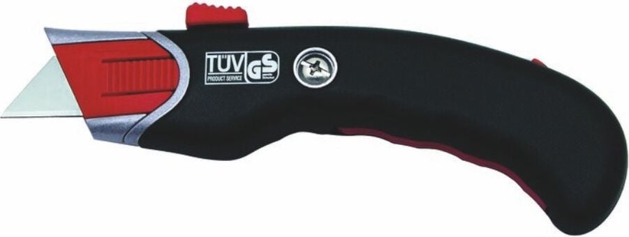Cutter Wedo Safety-Cutter Premium 78815 19mm, 19mm Trapezklingen, Metallgehäuse mit gummierter Griffzone, automatischer Klingenrückzug, inkl. 5 Ersatzklingen, schwarz/rot
