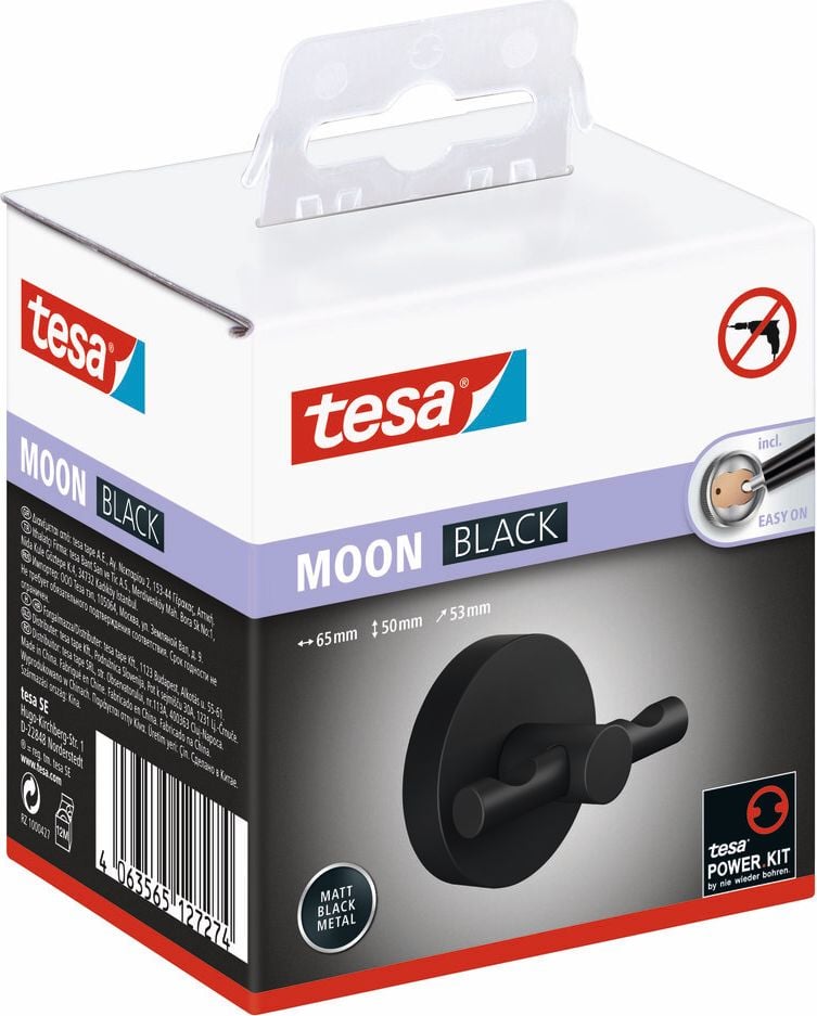 Handtuchhaken Tesa MOON BLACK 40564-00000-00, 5x6,5x5,3cm, Wandhaken doppel, 6kg Haltekraft, mattschwarz pulverbeschichtetes Metall