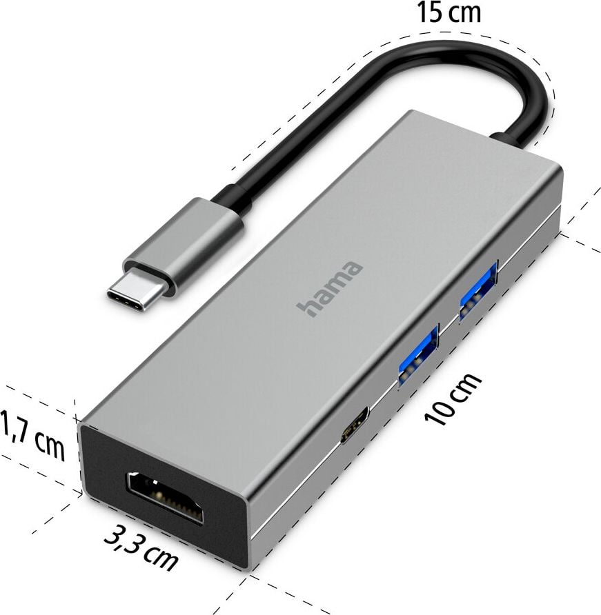 USB-C-Hub Hama Multiport 00200107, USB 3.2 Gen1, 4 Ports, 2x USB-A, USB-C, HDMI, anthrazit
