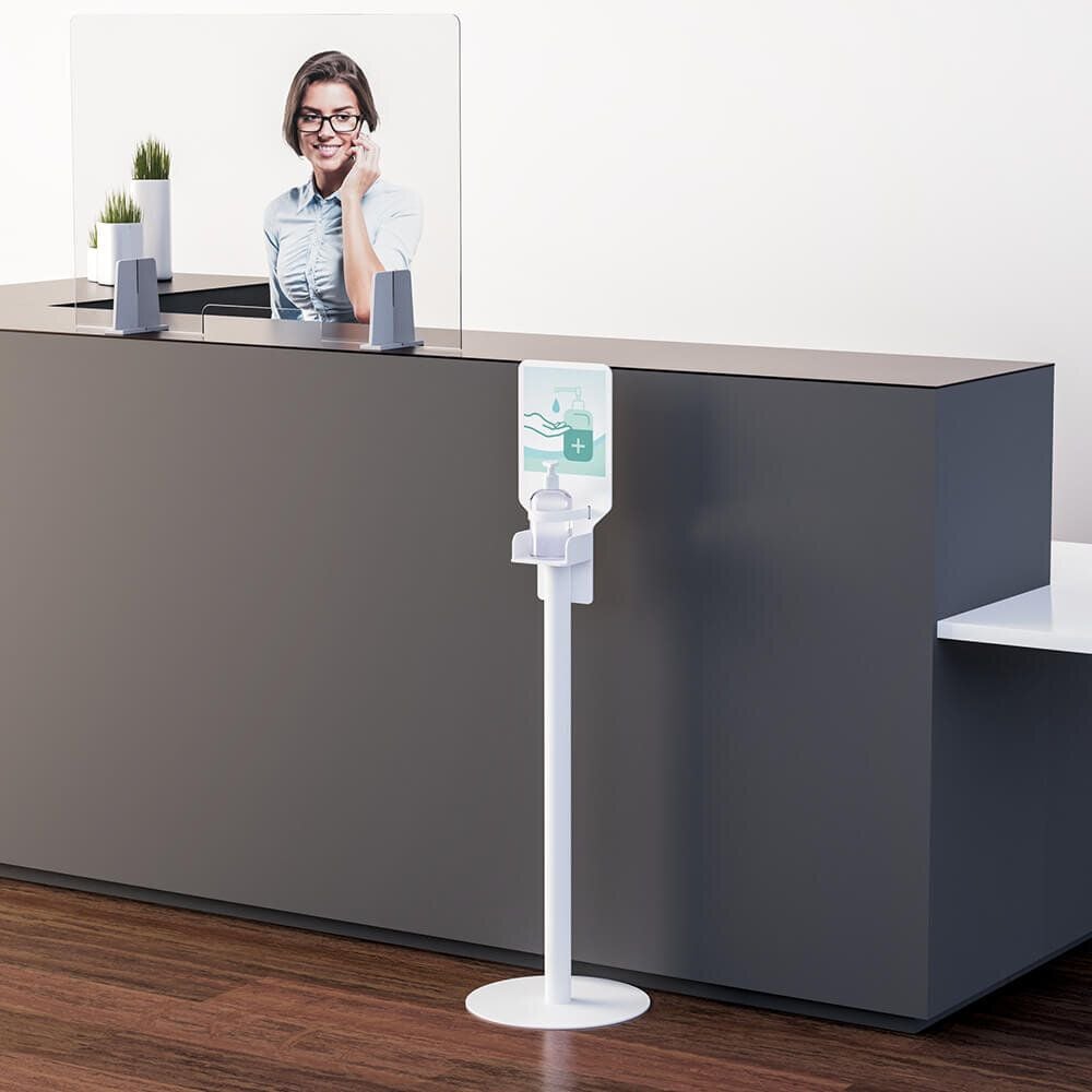 Desinfektionsmittel-Station Paperflow PUGH.13, für Desinfektionsmittel, mit Ständer und
Infotafel (Stahl/Polystyrol,) weiß