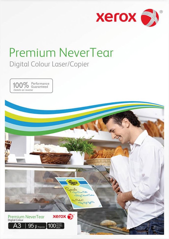 Synthetik-Papier Xerox Premium NeverTear DIN A3 003R98057, 125 g/m²/95my, Polyesterfolie, wasser-, öl-
und fettabweisend, weiß, Pack 100 Blatt