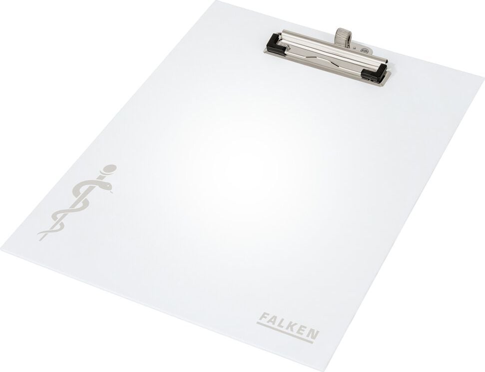 Klemmbretter Falken MediBoard 22002656, A4, Pappkern mit glanzkaschiertem Außenbezug, Metallklemme kurze Seite, Stiftehalter, Aufhängöse, abwischbar und wasserabweisend, weiß, weiß