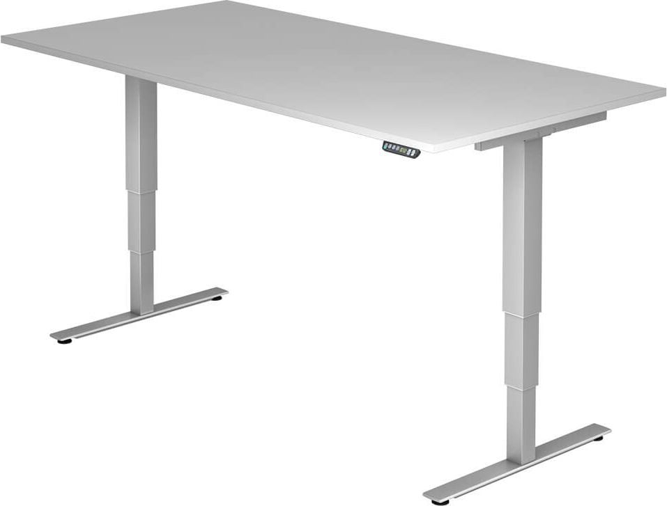 Hubschreibtisch Hammerbacher XDSM2E/x/S, 200x100cm (BxT), 63,5-128,5cm Höhe, rechteckig, T-Fuß silber, ahorn