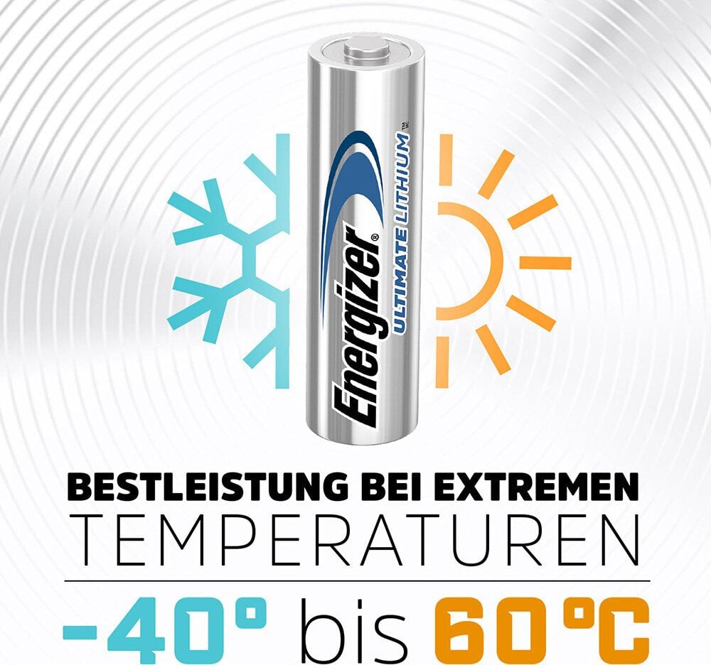 Batterien Energizer Ultimate Lithium Mignon (AA), 1,5 Volt, temperaturbeständig von −40 C bis +60 C, enthält recycelte Materialien, Pack 4 Stück