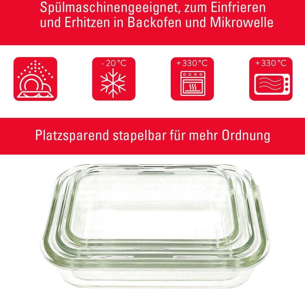 Frischhalteboxen Clauss Klickboxen 10003, 3er Set (570/840/1180ml), Glas, Deckel mit
4-Klick-System, spülmaschinengeeignet